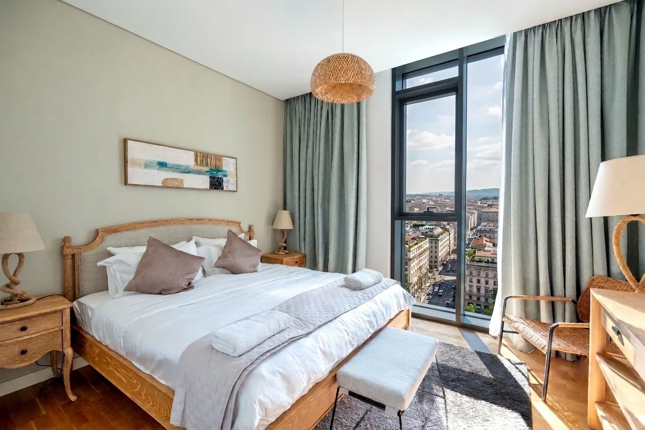 Camera da letto con grande vetrata e vista sulla città