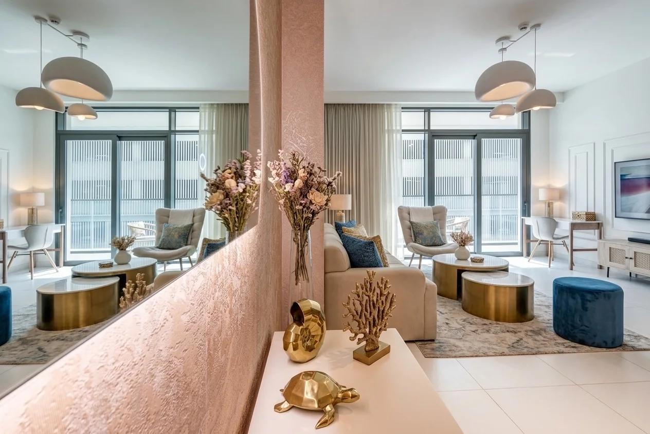 Lounge di design con colonna rosa, tavolini in ottone e sedute blu